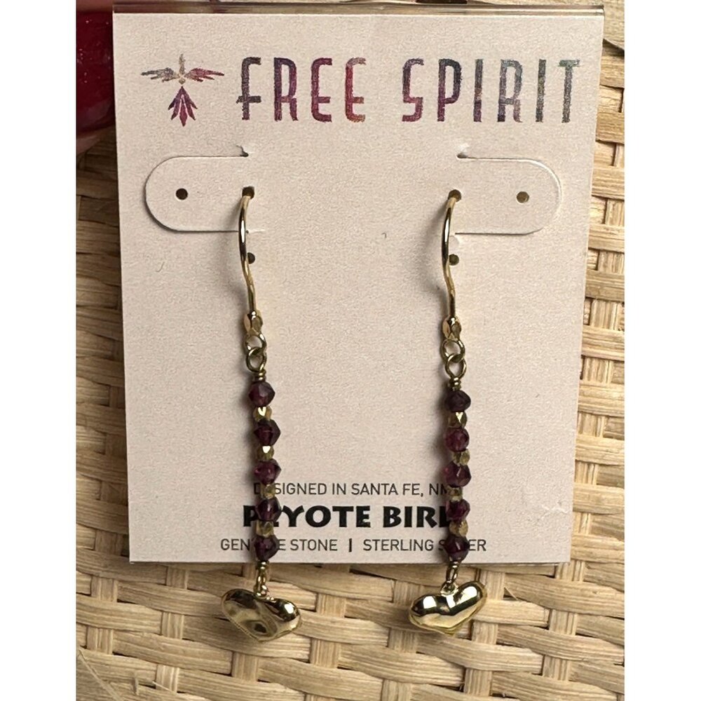 Peyote Bird Garnet Beaded Heart Drop Dangle Earrings Sterling Silver Artzy Boho